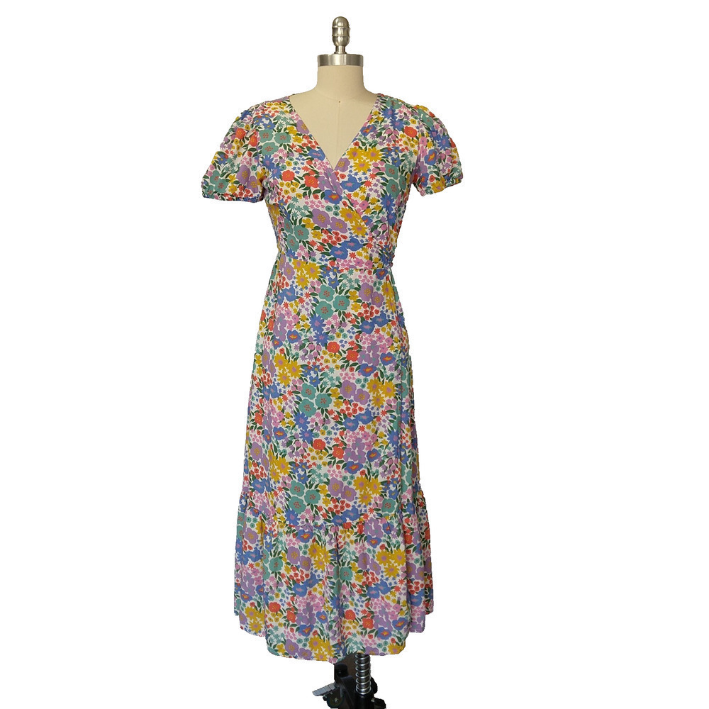 Sugarhill Brighton Floral Print Wrap Midi Dress Size 6 V Neck Short Sleeve White